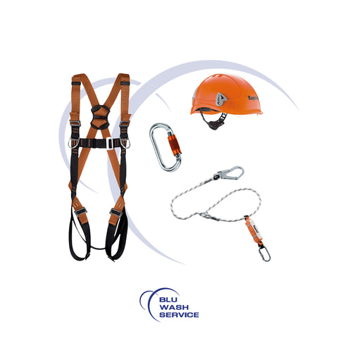 Kit completo moschettone cordino casco e imbragatura